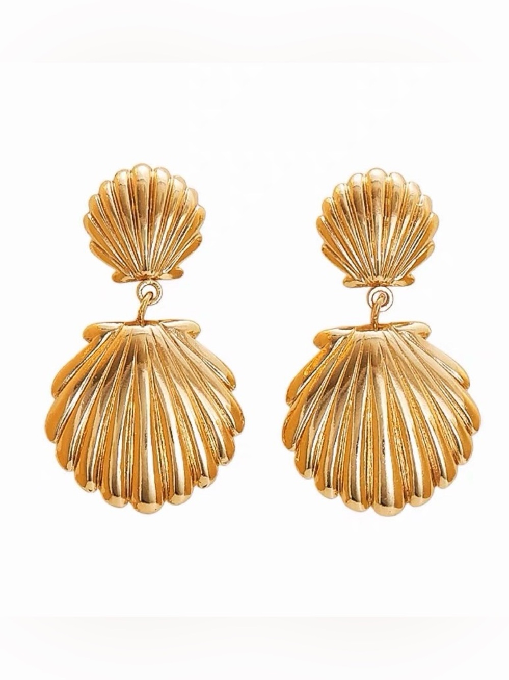 Gold Scallop Shell‎ Drop Earrings Titanium Steel Waterproof Coastal 33mm